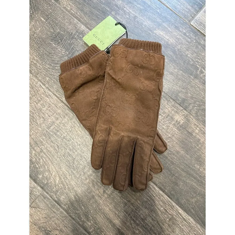 Gucci Men’s large Brown Suede Embossed Monogram GG Gloves NWT